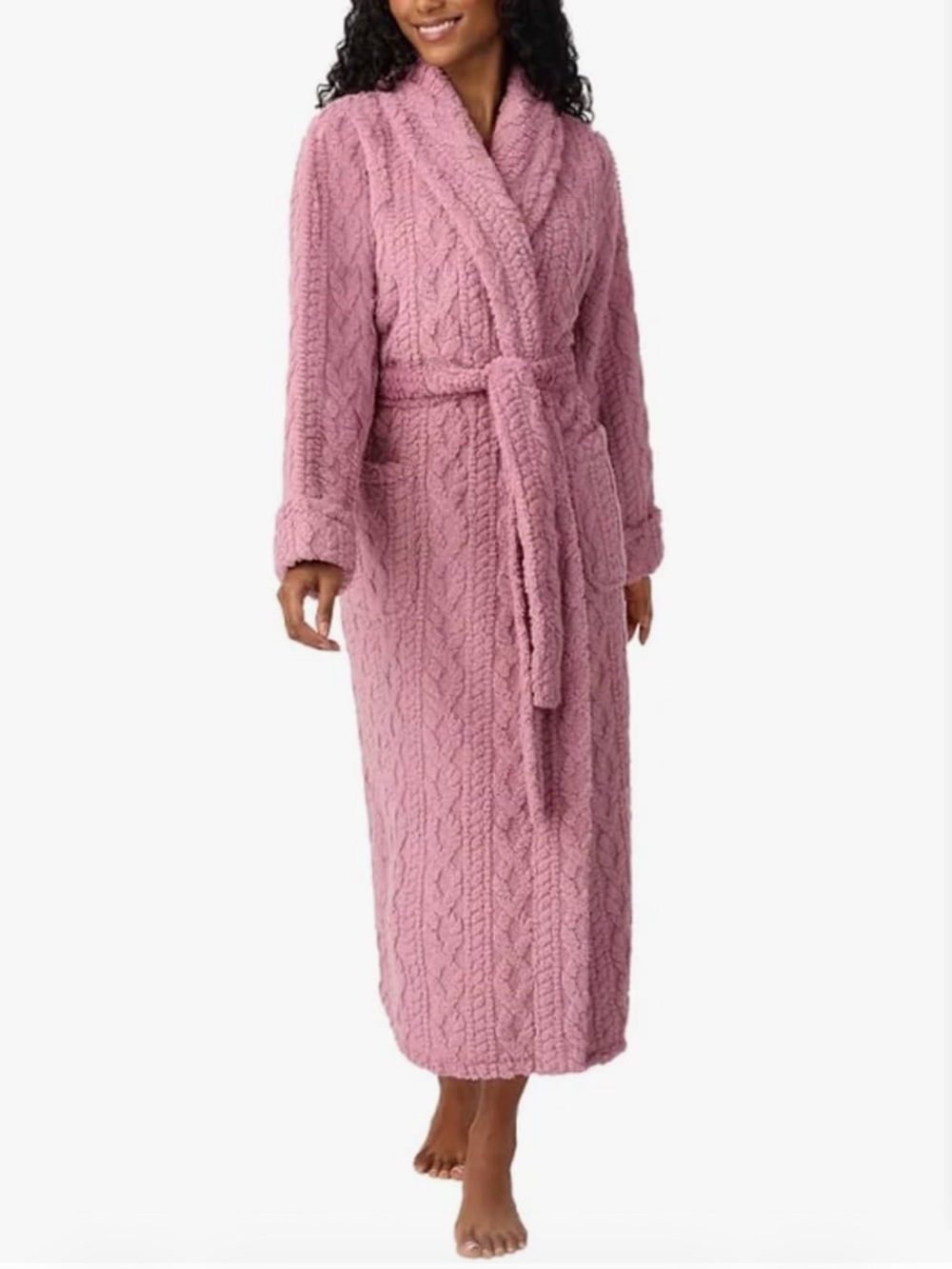 Room Service Cable Texture Plush Bathrobe Pink Large